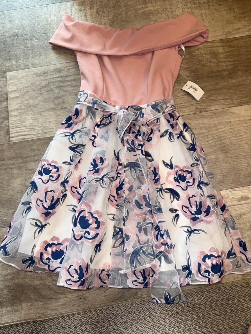 B Darlin Off-Shoulder Pink Bodice Floral A-Line Dress